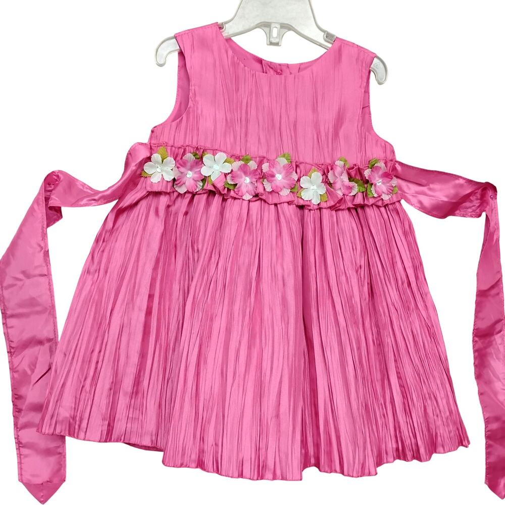 La Princess Plisse Dress Pink Floral Attached Belt Size 12M Buttons on Back NWT